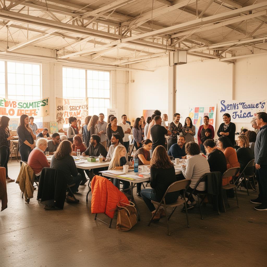 Community members gathered at tables inside an open warehouse space for a neighborhood program