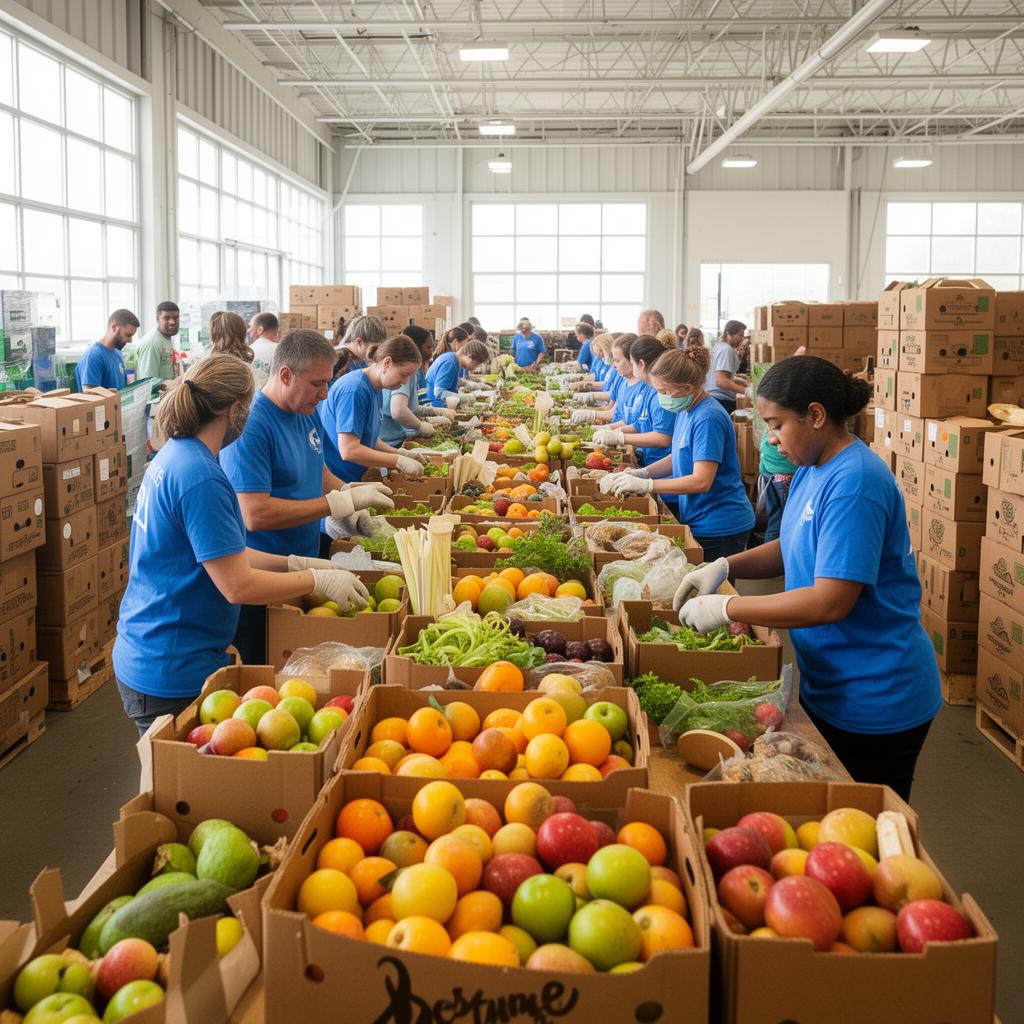 Volunteers in matching shirts sorting boxes of rescued produce inside a bright warehouse