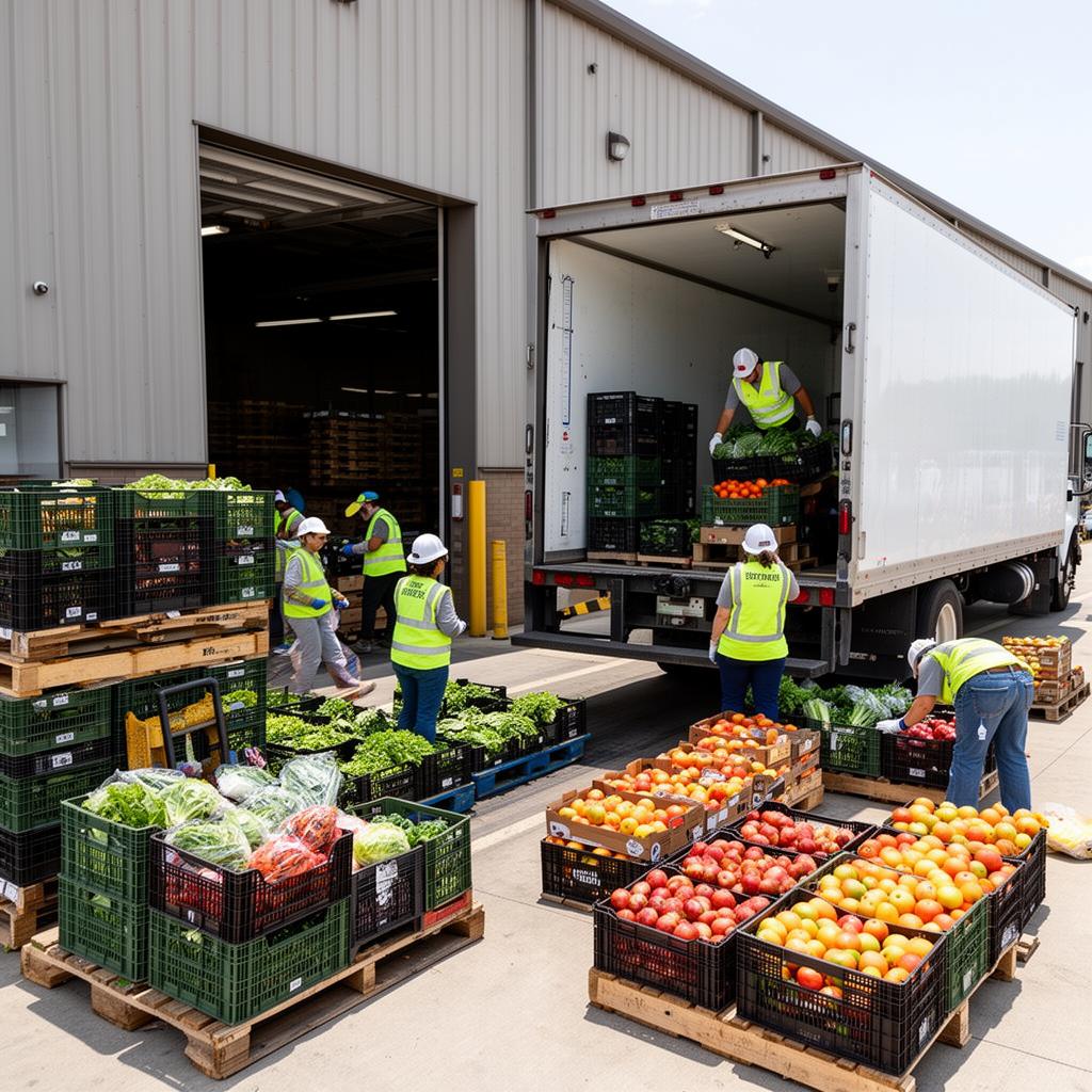 Workers staging pallets and crates of fresh produce at a warehouse loading dock with a refrigerated truck