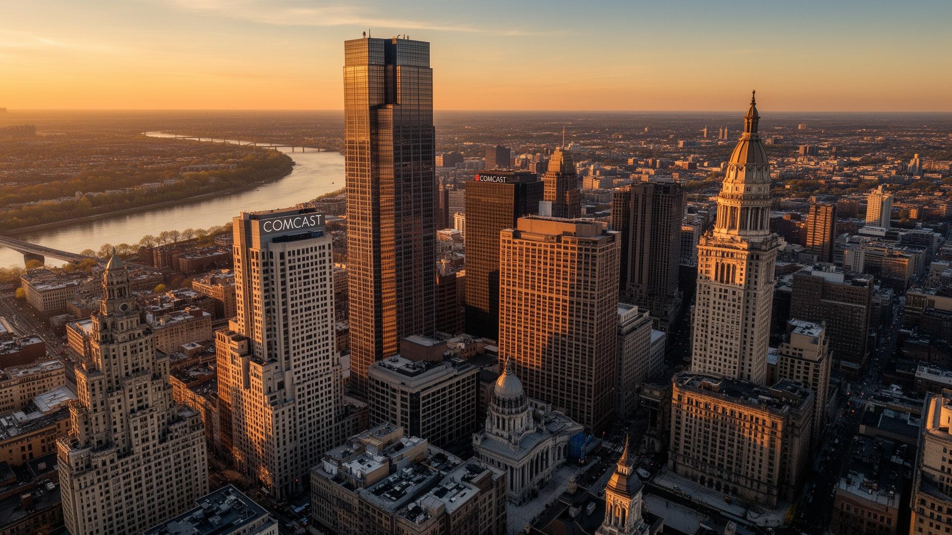 Aerial view of the Philadelphia skyline at golden hour